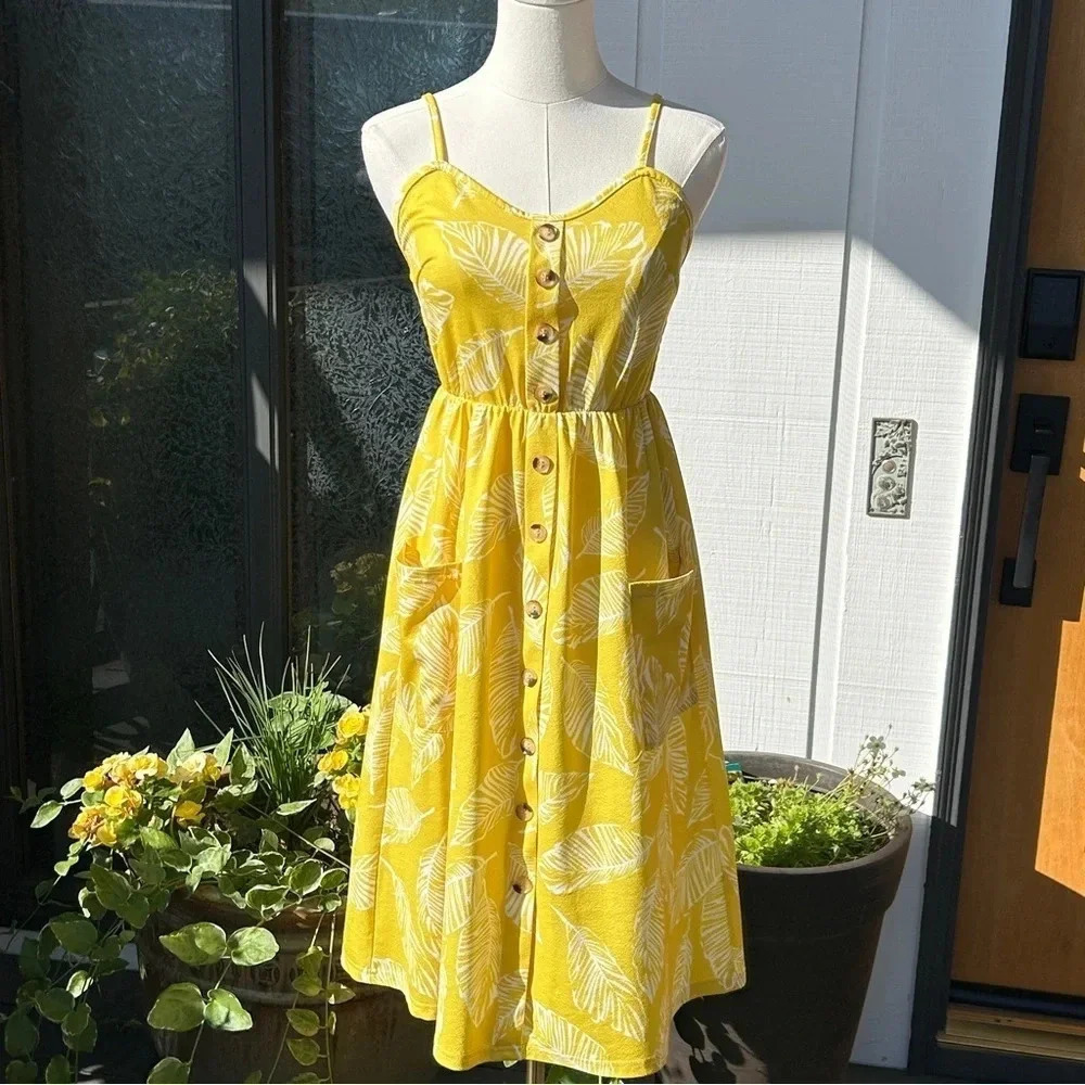 Vibrant Yellow Botanical Print Strappy Faux Button Front Pocketed Sun Dress | S